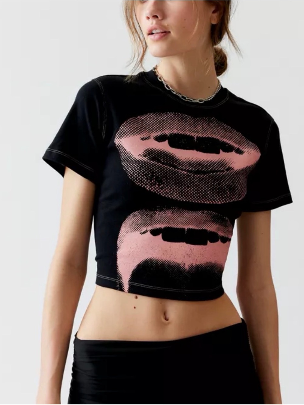 Urban Outfitters- Black Crop Tee with Pink Lip Graphic (medium)